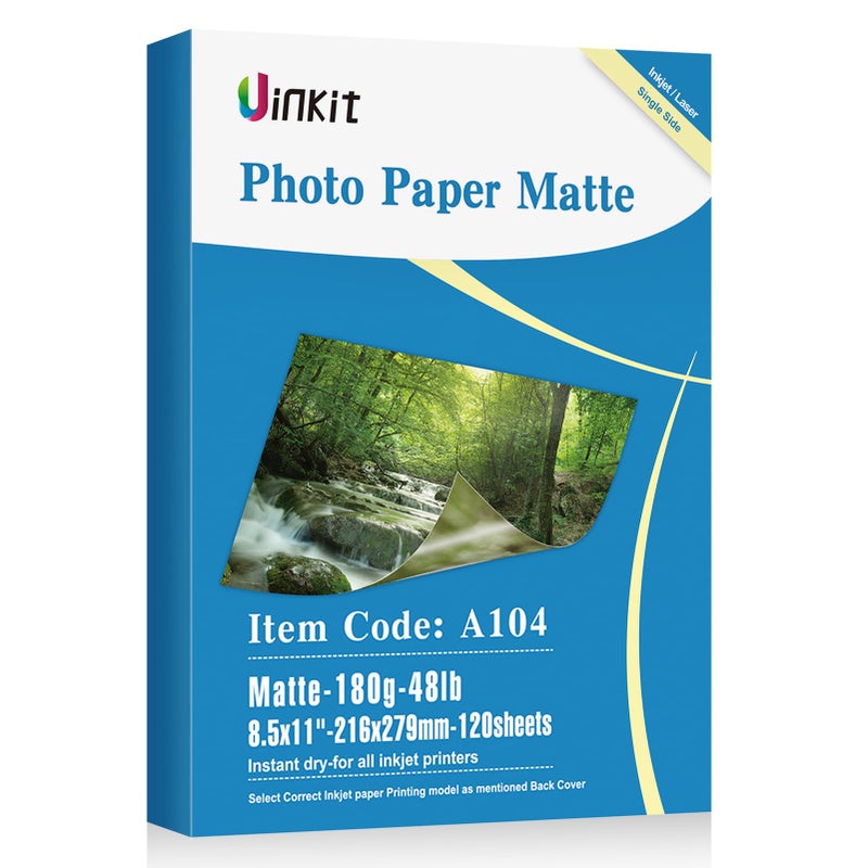 Uinkit 120 Sheets Presentation Paper Matte 8.5x11 Inkjet 48lb 180gsm Single Side Printable Photo for All Dye Ink Inkjet Printers - Image 1